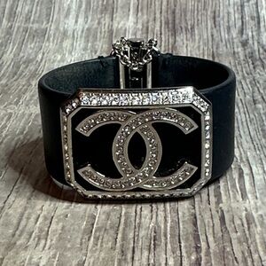 CHANEL Authentic Crystal Logo Bracelet with Leather Band. Absolutely Stunning!